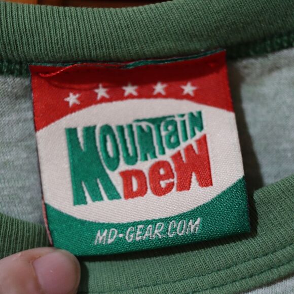 Vintage Mountain Dew Green Ringer T-Shirt Spellout Logo Made in USA Large - Picture 9 of 9
